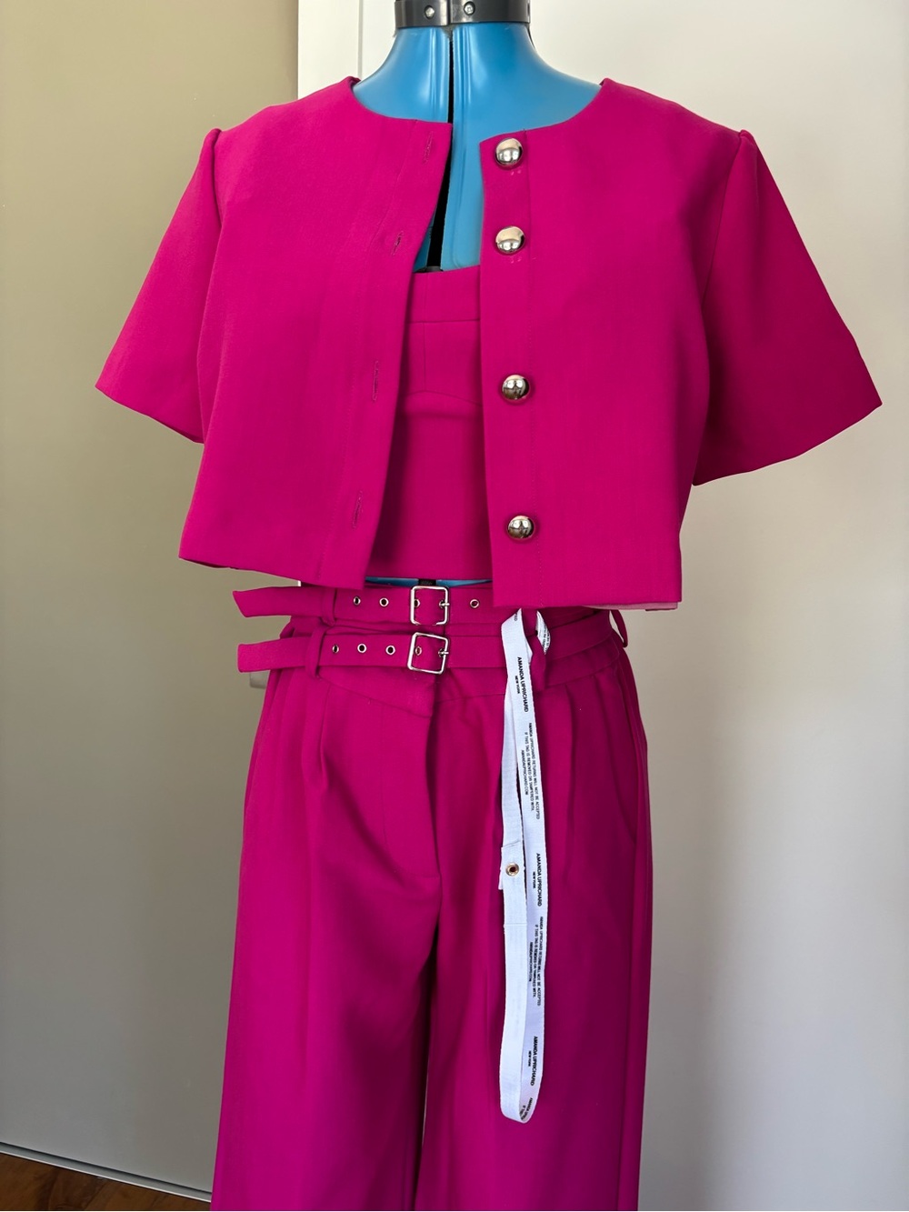 NWT Amanda Uprichard Hot Pink 3PC Bustier Wide Leg Pant Suit Set S
